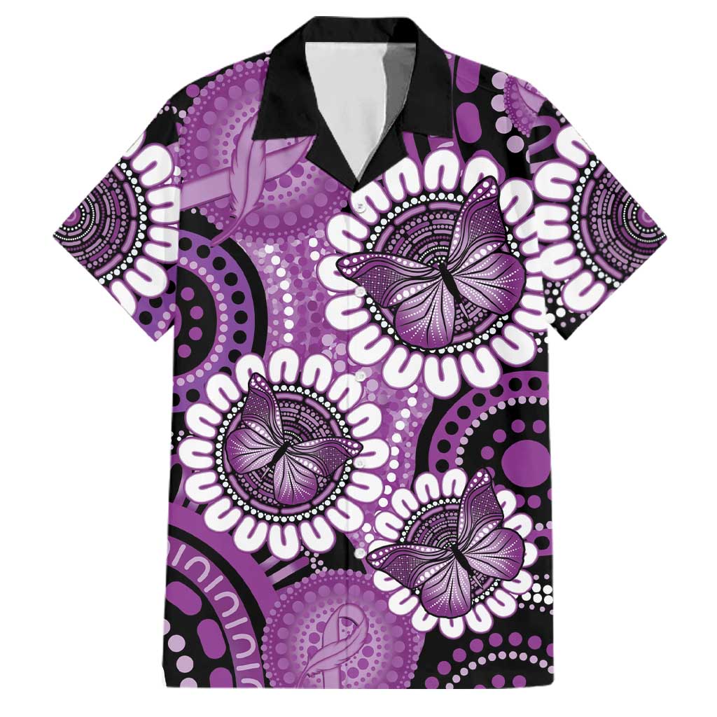Australia Indigenous Butterflies Personalised Family Matching Off The Shoulder Long Sleeve Dress and Hawaiian Shirt Lupus Awareness Purple Ribbon Aboriginal Art