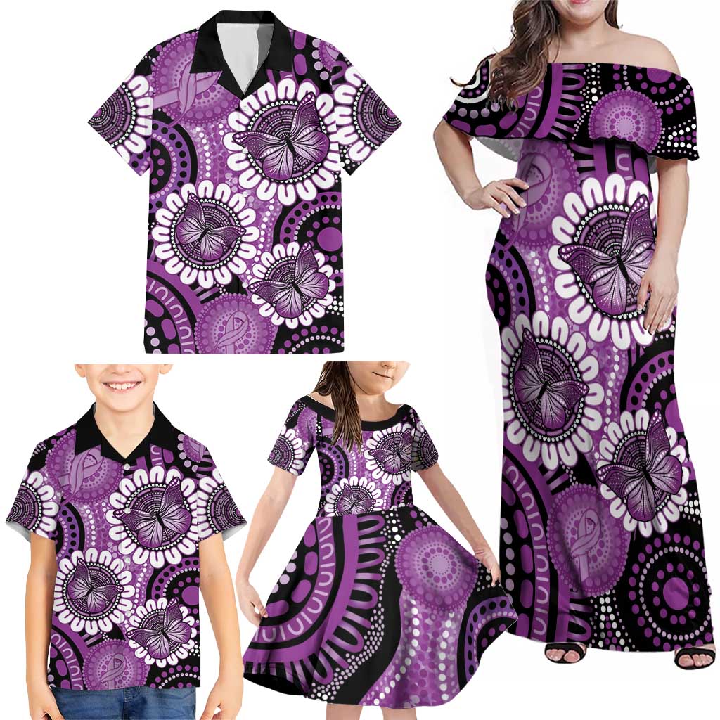 Australia Indigenous Butterflies Personalised Family Matching Off Shoulder Maxi Dress and Hawaiian Shirt Lupus Awareness Purple Ribbon Aboriginal Art