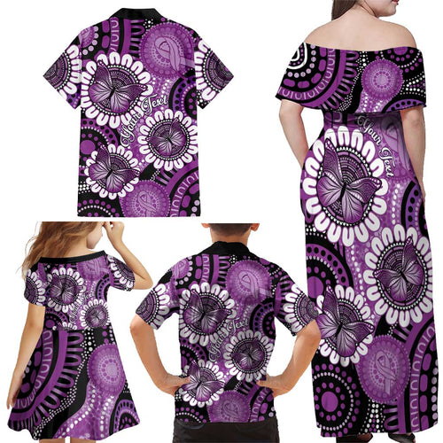 Australia Indigenous Butterflies Personalised Family Matching Off Shoulder Maxi Dress and Hawaiian Shirt Lupus Awareness Purple Ribbon Aboriginal Art