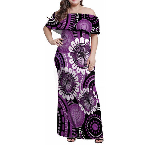 Australia Indigenous Butterflies Personalised Family Matching Off Shoulder Maxi Dress and Hawaiian Shirt Lupus Awareness Purple Ribbon Aboriginal Art