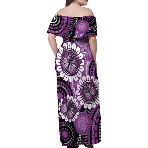 Australia Indigenous Butterflies Personalised Family Matching Off Shoulder Maxi Dress and Hawaiian Shirt Lupus Awareness Purple Ribbon Aboriginal Art