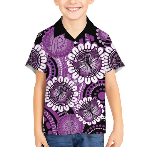 Australia Indigenous Butterflies Personalised Family Matching Off Shoulder Maxi Dress and Hawaiian Shirt Lupus Awareness Purple Ribbon Aboriginal Art