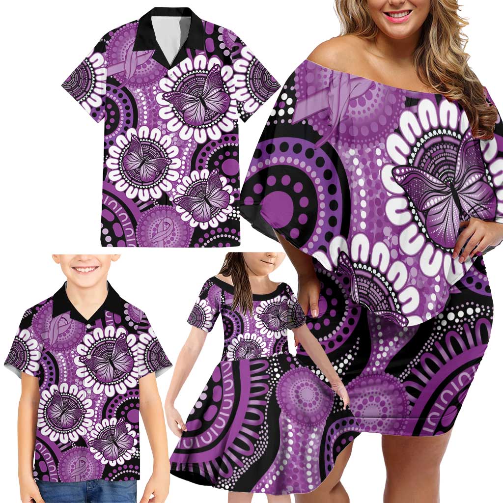 Australia Indigenous Butterflies Personalised Family Matching Off Shoulder Short Dress and Hawaiian Shirt Lupus Awareness Purple Ribbon Aboriginal Art