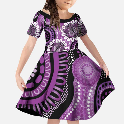 Australia Indigenous Butterflies Personalised Family Matching Off Shoulder Short Dress and Hawaiian Shirt Lupus Awareness Purple Ribbon Aboriginal Art