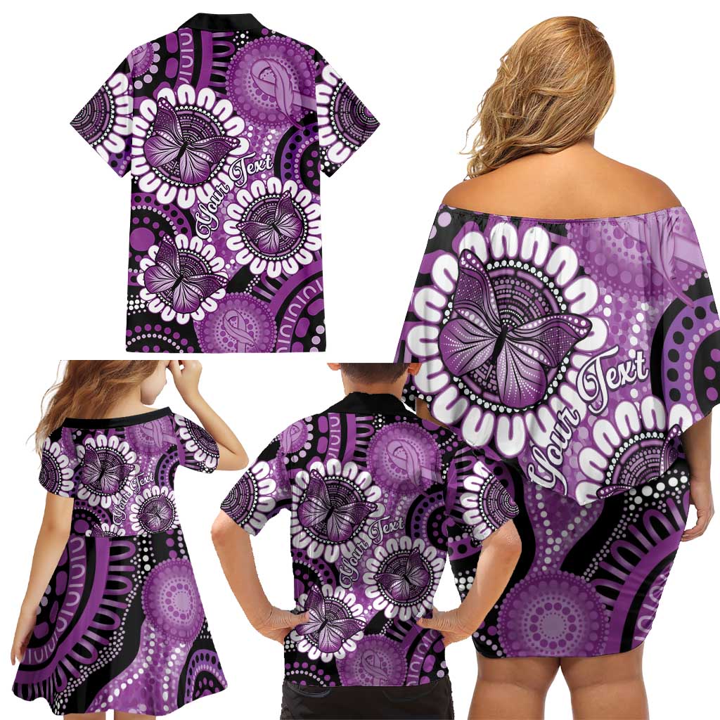 Australia Indigenous Butterflies Personalised Family Matching Off Shoulder Short Dress and Hawaiian Shirt Lupus Awareness Purple Ribbon Aboriginal Art