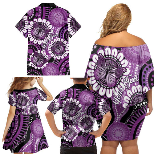 Australia Indigenous Butterflies Personalised Family Matching Off Shoulder Short Dress and Hawaiian Shirt Lupus Awareness Purple Ribbon Aboriginal Art