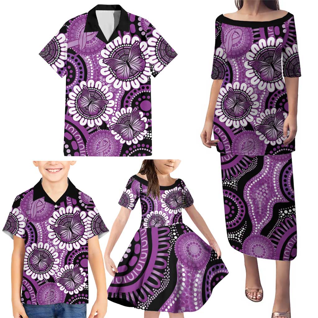 Australia Indigenous Butterflies Personalised Family Matching Puletasi and Hawaiian Shirt Lupus Awareness Purple Ribbon Aboriginal Art