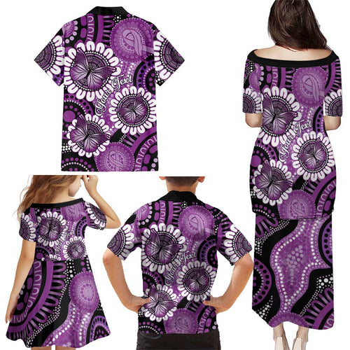Australia Indigenous Butterflies Personalised Family Matching Puletasi and Hawaiian Shirt Lupus Awareness Purple Ribbon Aboriginal Art
