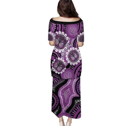 Australia Indigenous Butterflies Personalised Family Matching Puletasi and Hawaiian Shirt Lupus Awareness Purple Ribbon Aboriginal Art