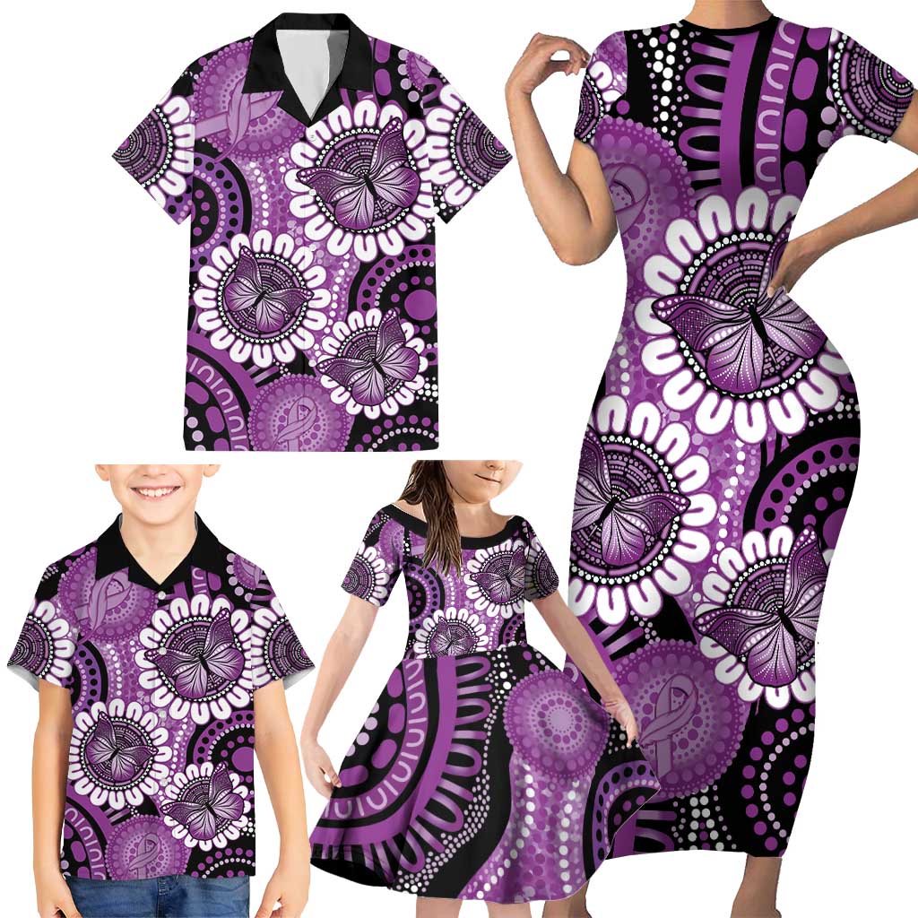 Australia Indigenous Butterflies Personalised Family Matching Short Sleeve Bodycon Dress and Hawaiian Shirt Lupus Awareness Purple Ribbon Aboriginal Art
