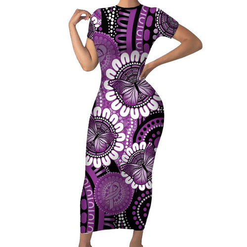 Australia Indigenous Butterflies Personalised Family Matching Short Sleeve Bodycon Dress and Hawaiian Shirt Lupus Awareness Purple Ribbon Aboriginal Art