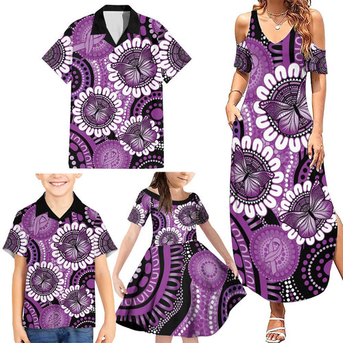 Australia Indigenous Butterflies Personalised Family Matching Summer Maxi Dress and Hawaiian Shirt Lupus Awareness Purple Ribbon Aboriginal Art