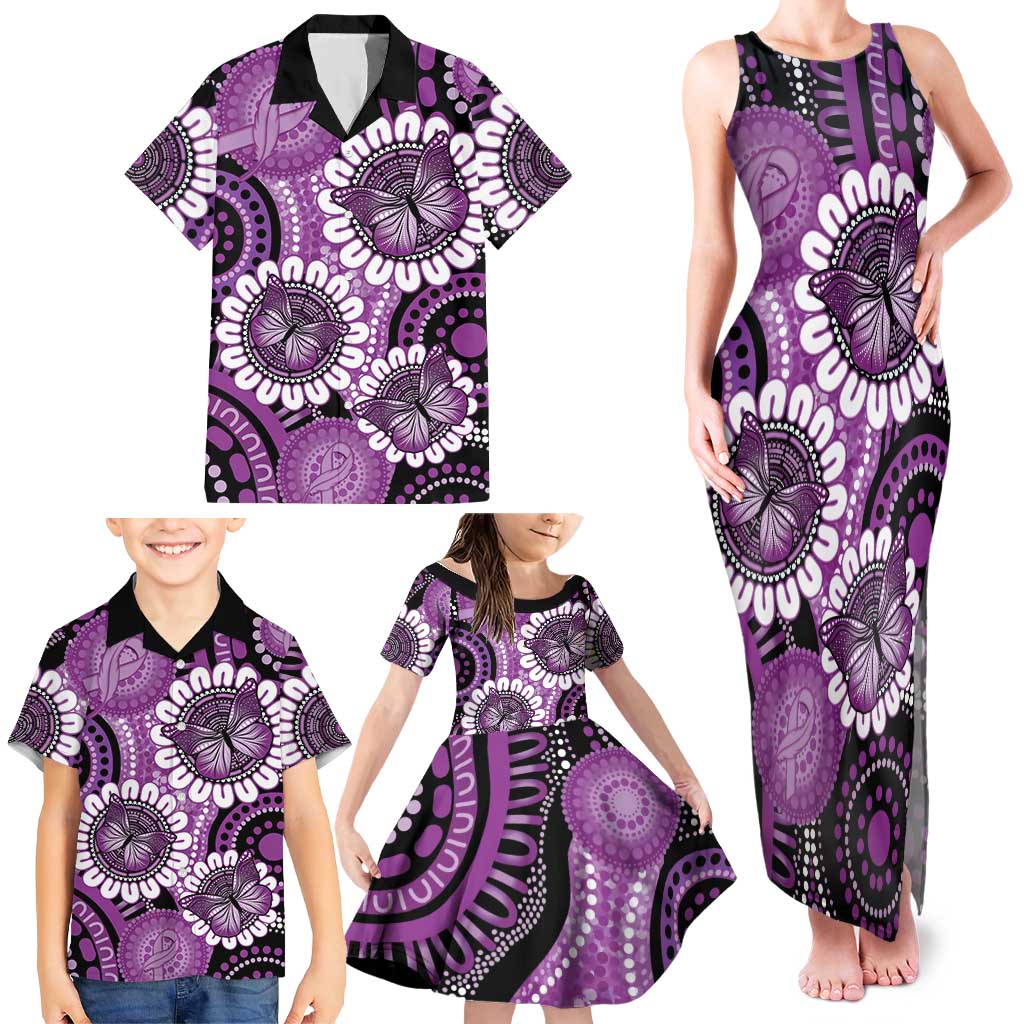 Australia Indigenous Butterflies Personalised Family Matching Tank Maxi Dress and Hawaiian Shirt Lupus Awareness Purple Ribbon Aboriginal Art