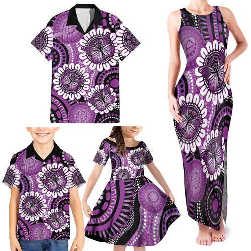 Australia Indigenous Butterflies Personalised Family Matching Tank Maxi Dress and Hawaiian Shirt Lupus Awareness Purple Ribbon Aboriginal Art