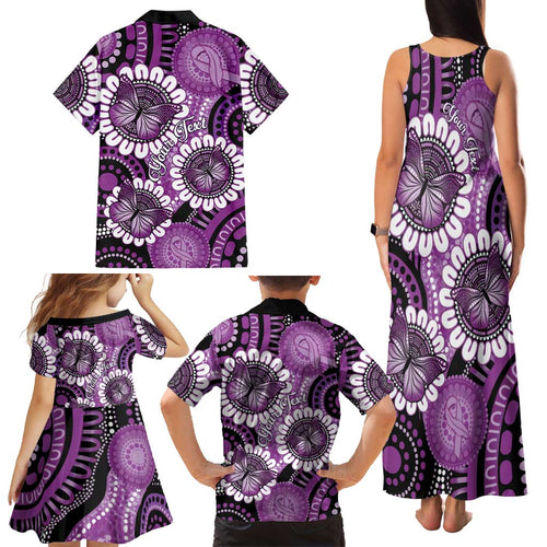 Australia Indigenous Butterflies Personalised Family Matching Tank Maxi Dress and Hawaiian Shirt Lupus Awareness Purple Ribbon Aboriginal Art
