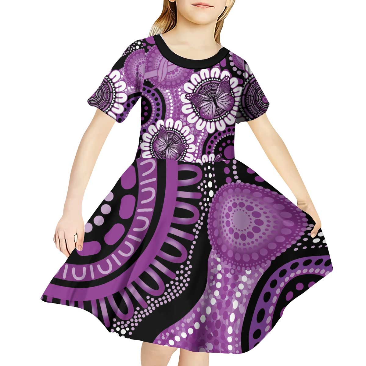 Australia Indigenous Butterflies Personalised Kid Short Sleeve Dress Lupus Awareness Purple Ribbon Aboriginal Art