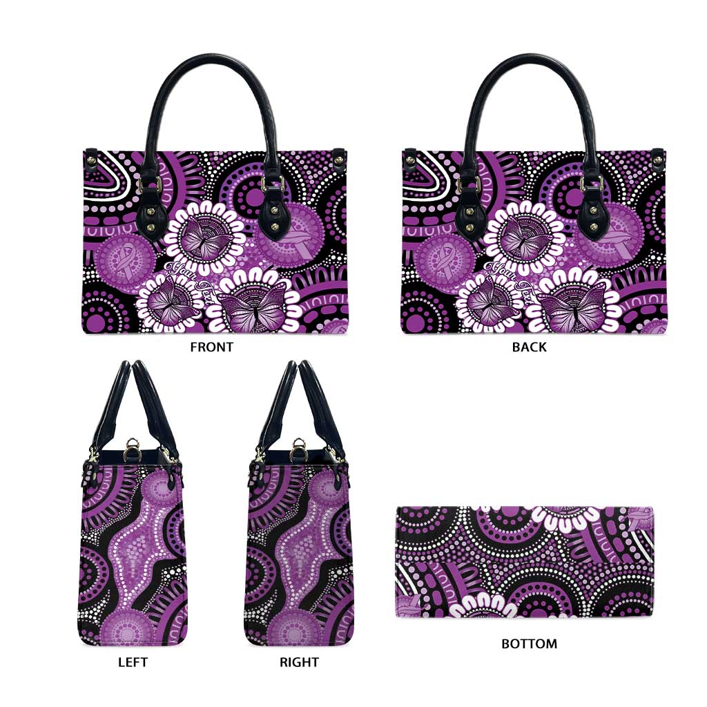 Australia Indigenous Butterflies Personalised Leather Bag Lupus Awareness Purple Ribbon Aboriginal Art