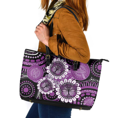 Australia Indigenous Butterflies Personalised Leather Tote Bag Lupus Awareness Purple Ribbon Aboriginal Art