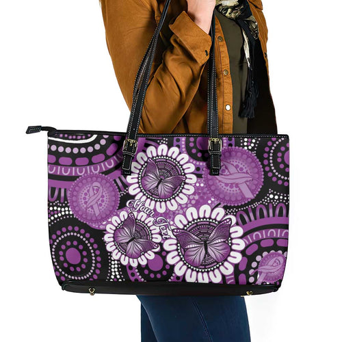 Australia Indigenous Butterflies Personalised Leather Tote Bag Lupus Awareness Purple Ribbon Aboriginal Art