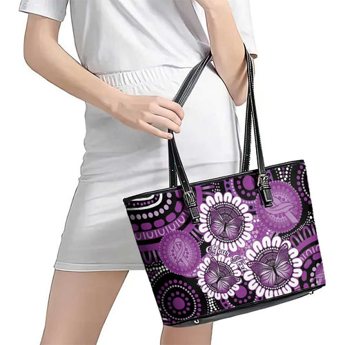 Australia Indigenous Butterflies Personalised Leather Tote Bag Lupus Awareness Purple Ribbon Aboriginal Art