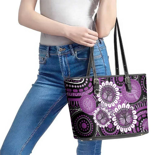 Australia Indigenous Butterflies Personalised Leather Tote Bag Lupus Awareness Purple Ribbon Aboriginal Art