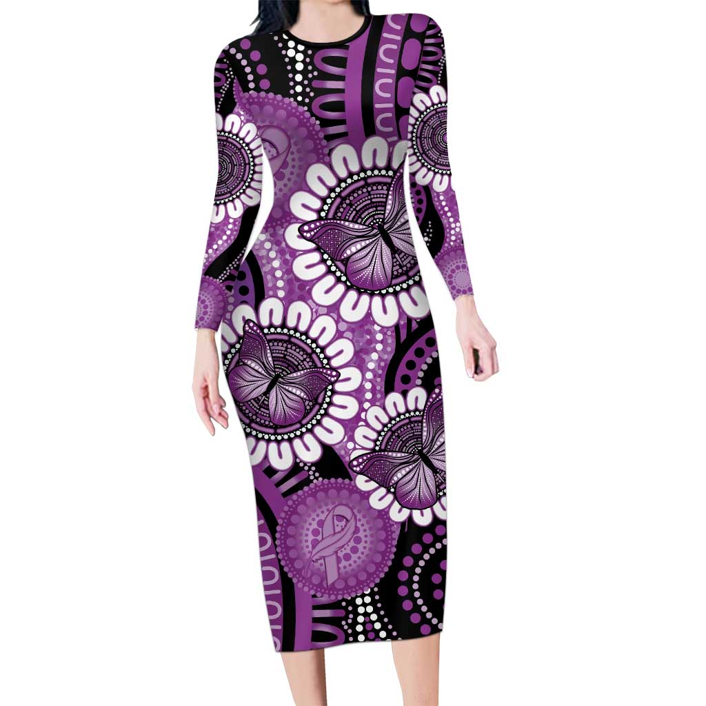 Australia Indigenous Butterflies Personalised Long Sleeve Bodycon Dress Lupus Awareness Purple Ribbon Aboriginal Art