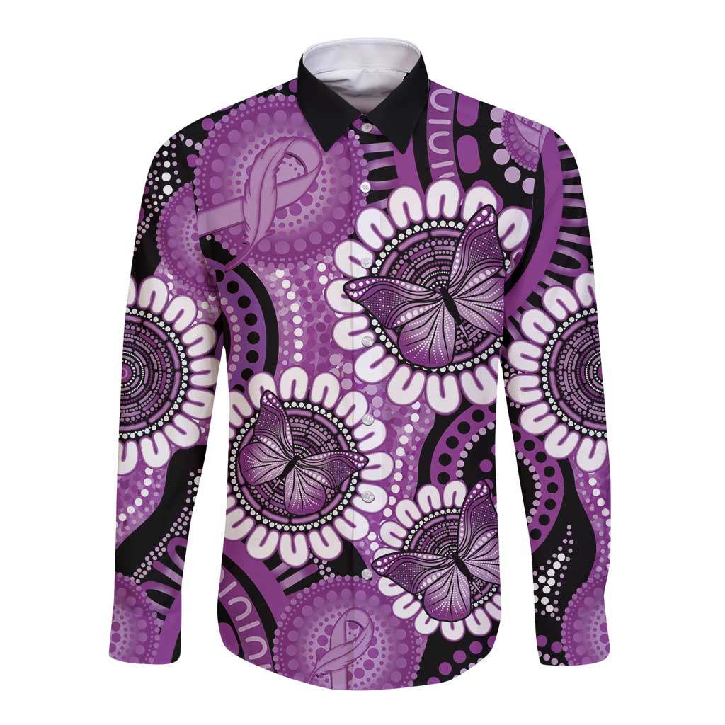 Australia Indigenous Butterflies Personalised Long Sleeve Button Shirt Lupus Awareness Purple Ribbon Aboriginal Art