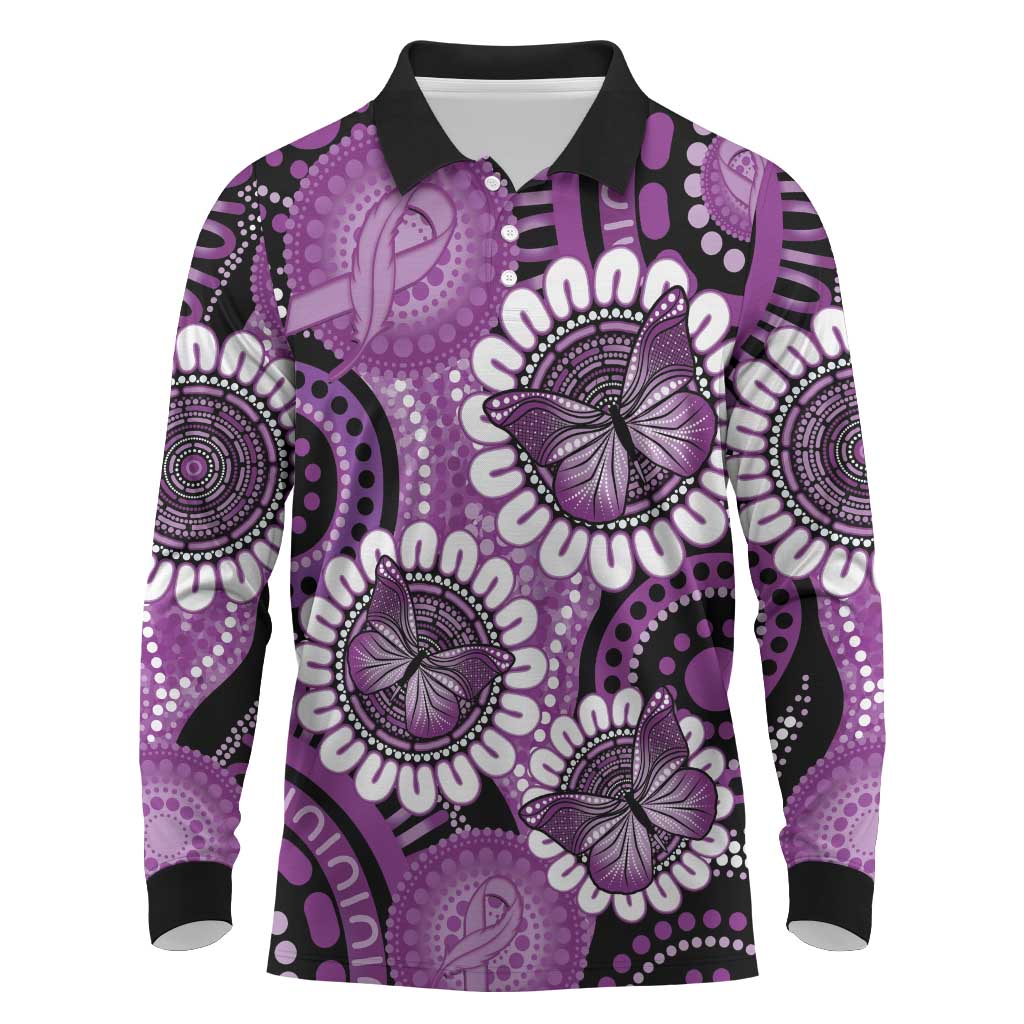 Australia Indigenous Butterflies Personalised Long Sleeve Polo Shirt Lupus Awareness Purple Ribbon Aboriginal Art