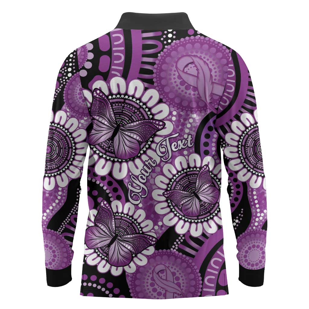 Australia Indigenous Butterflies Personalised Long Sleeve Polo Shirt Lupus Awareness Purple Ribbon Aboriginal Art