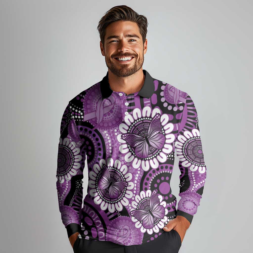 Australia Indigenous Butterflies Personalised Long Sleeve Polo Shirt Lupus Awareness Purple Ribbon Aboriginal Art