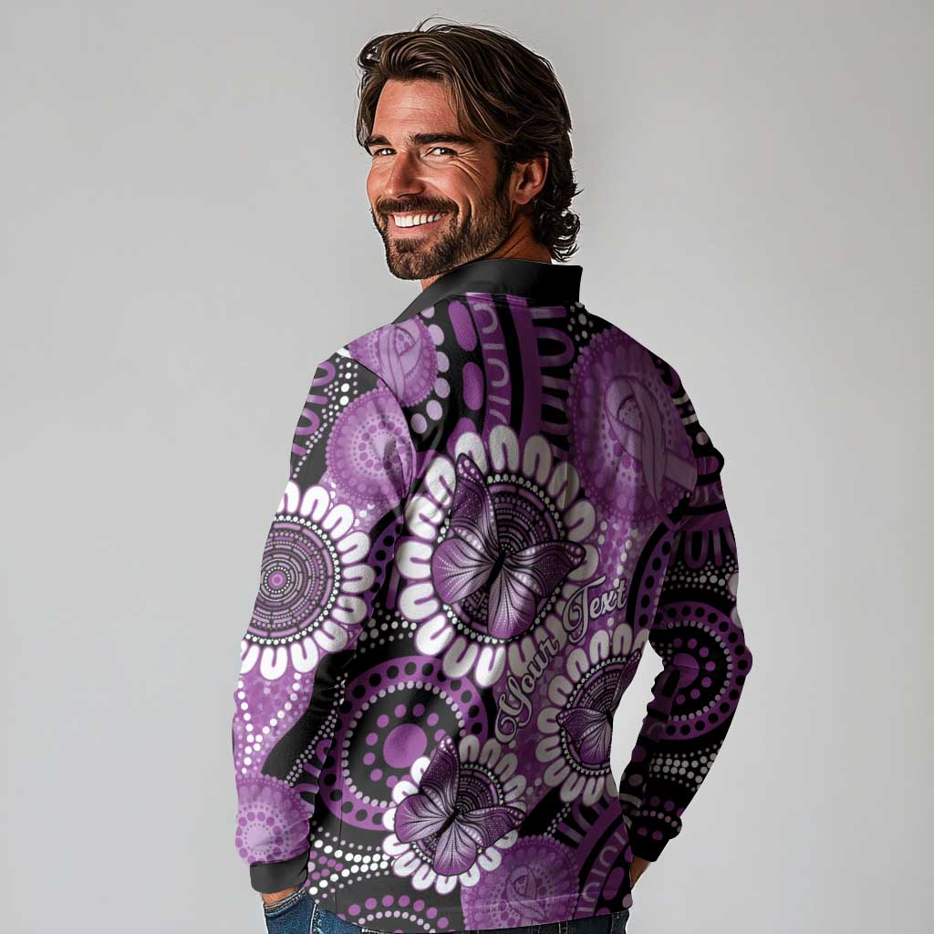 Australia Indigenous Butterflies Personalised Long Sleeve Polo Shirt Lupus Awareness Purple Ribbon Aboriginal Art