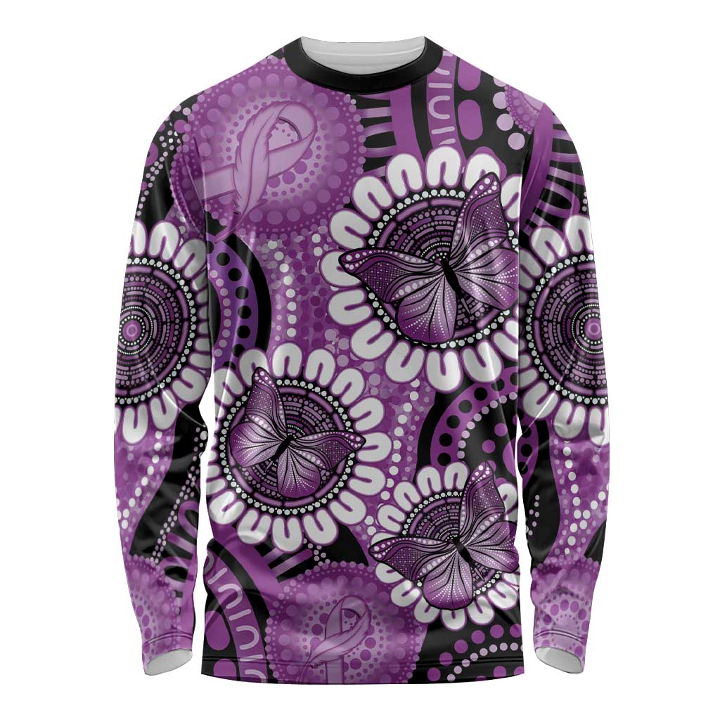 Australia Indigenous Butterflies Personalised Long Sleeve Shirt Lupus Awareness Purple Ribbon Aboriginal Art