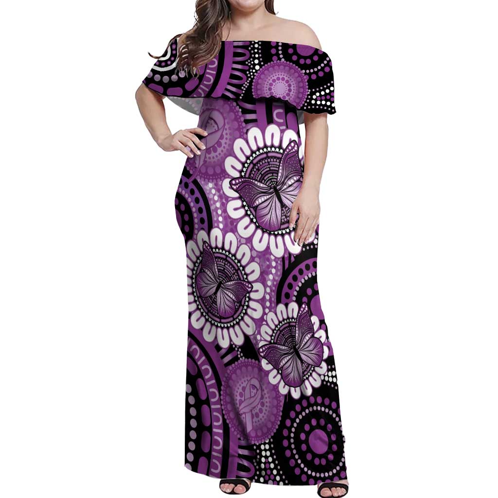 Australia Indigenous Butterflies Personalised Off Shoulder Maxi Dress Lupus Awareness Purple Ribbon Aboriginal Art