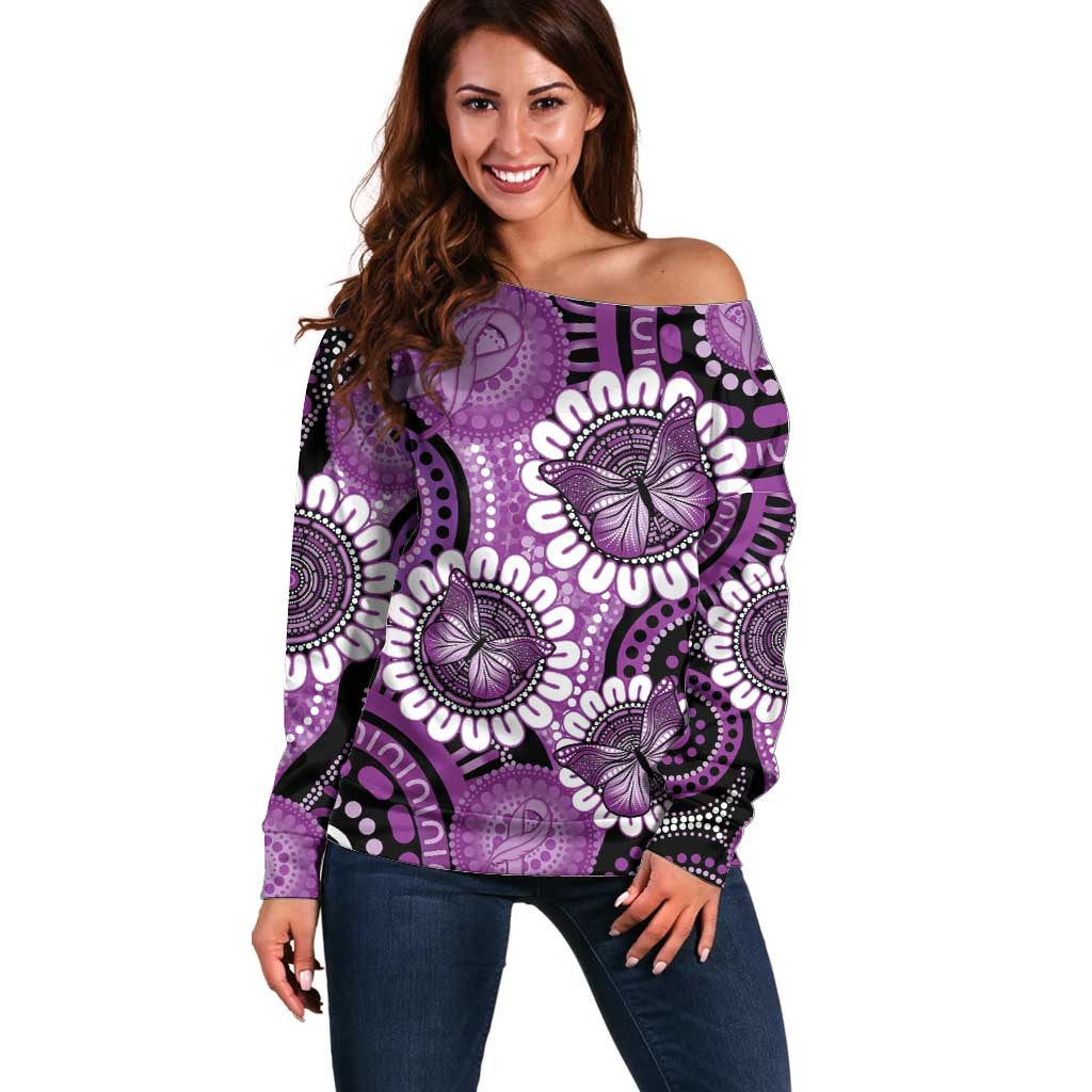 Australia Indigenous Butterflies Personalised Off Shoulder Sweater Lupus Awareness Purple Ribbon Aboriginal Art