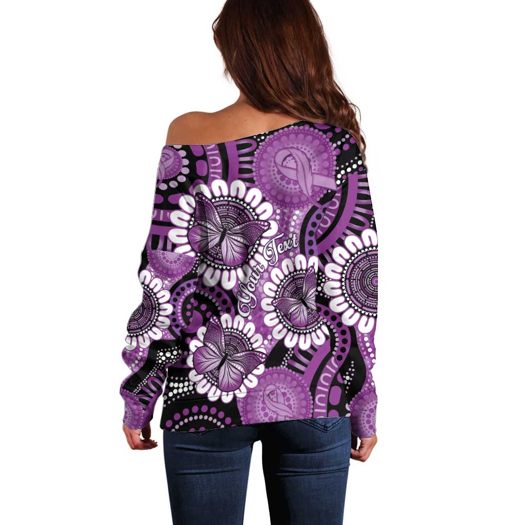 Australia Indigenous Butterflies Personalised Off Shoulder Sweater Lupus Awareness Purple Ribbon Aboriginal Art
