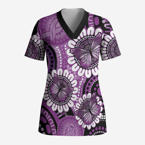 Australia Indigenous Butterflies Personalised Scrub Top Lupus Awareness Purple Ribbon Aboriginal Art