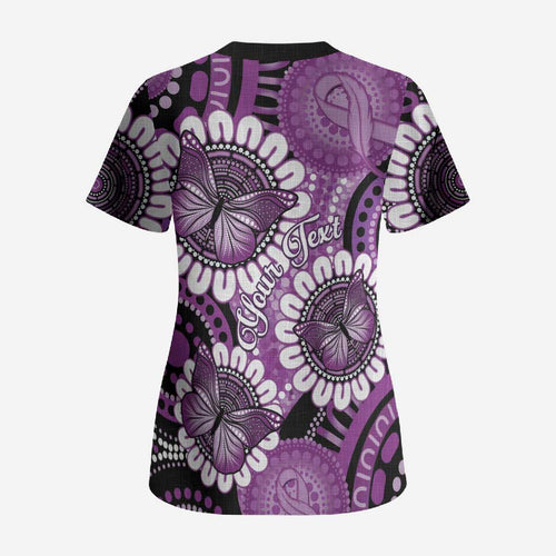 Australia Indigenous Butterflies Personalised Scrub Top Lupus Awareness Purple Ribbon Aboriginal Art