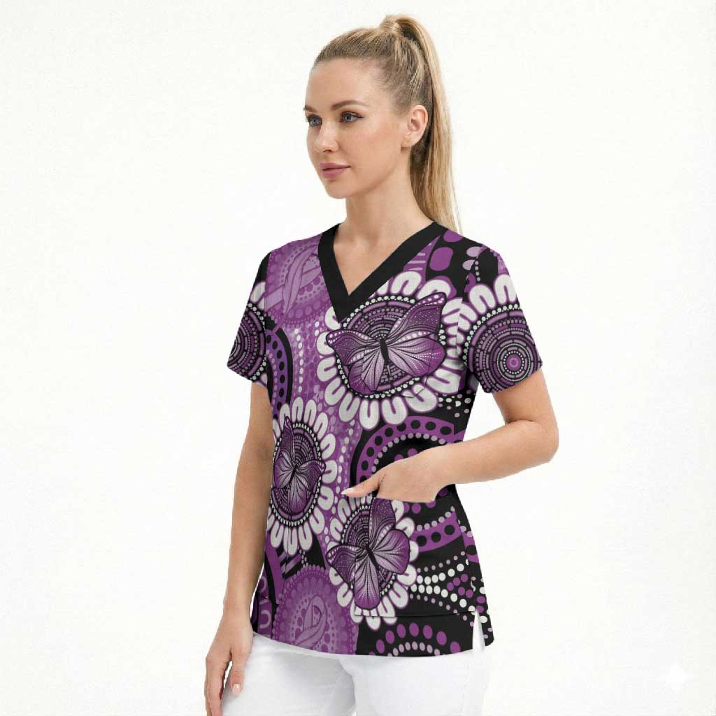 Australia Indigenous Butterflies Personalised Scrub Top Lupus Awareness Purple Ribbon Aboriginal Art
