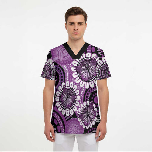 Australia Indigenous Butterflies Personalised Scrub Top Lupus Awareness Purple Ribbon Aboriginal Art