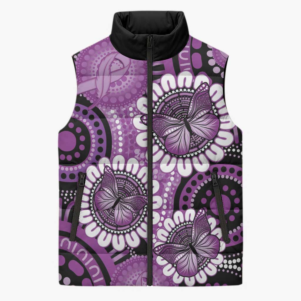 Australia Indigenous Butterflies Personalised Sleeveless Puffer Jacket Lupus Awareness Purple Ribbon Aboriginal Art