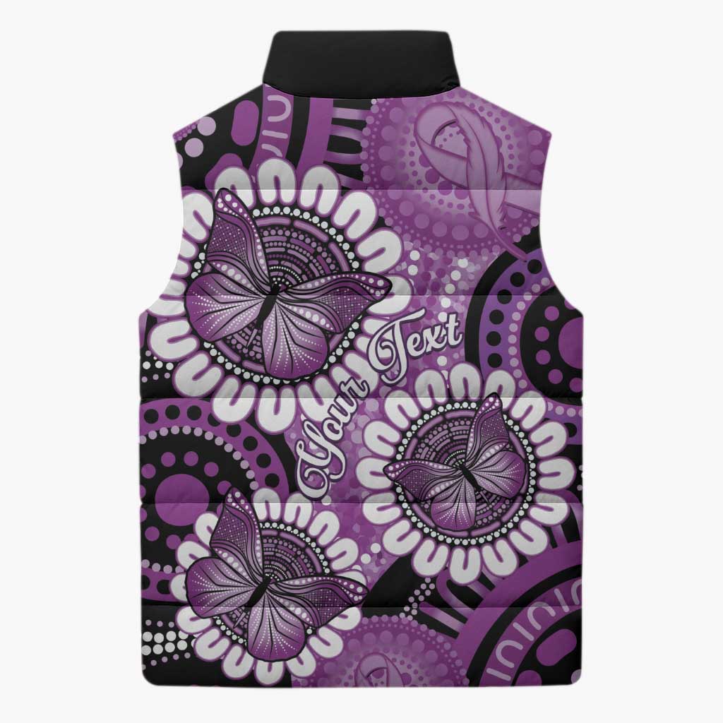 Australia Indigenous Butterflies Personalised Sleeveless Puffer Jacket Lupus Awareness Purple Ribbon Aboriginal Art