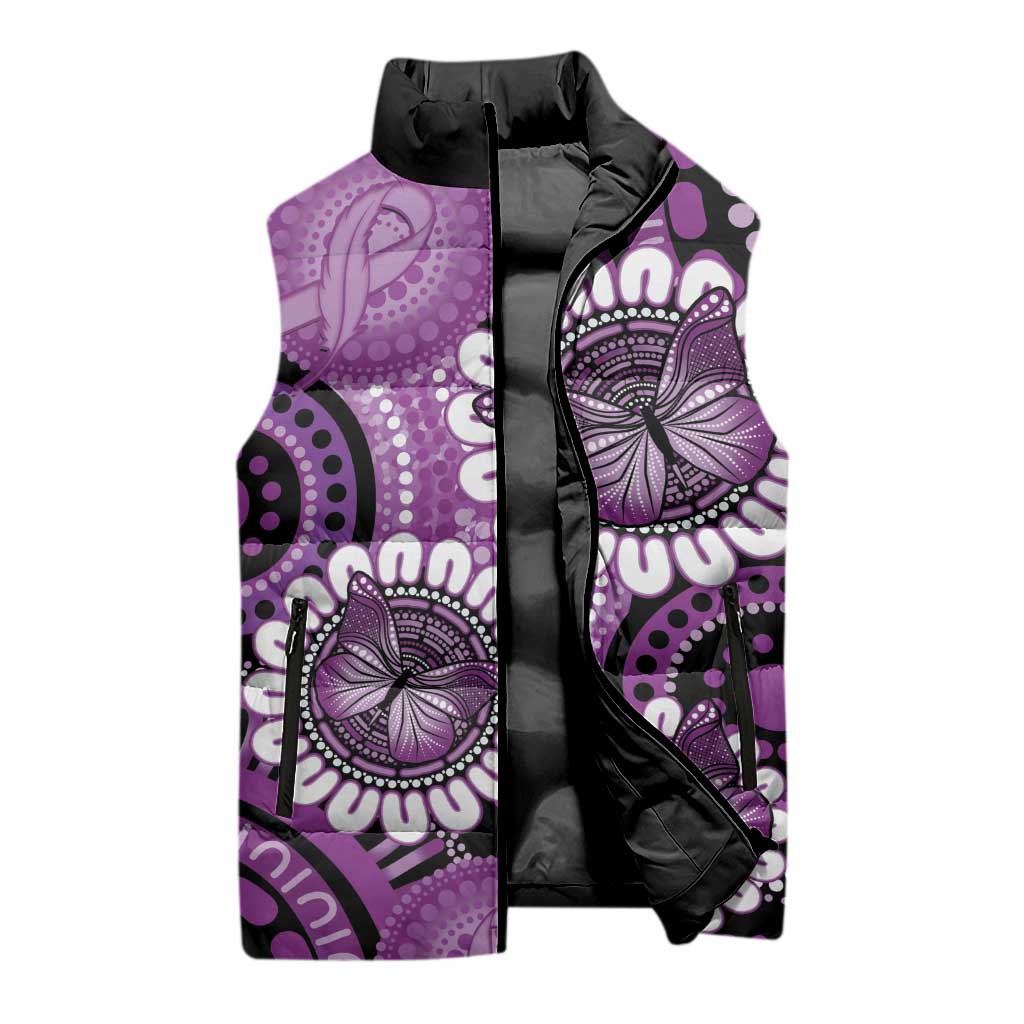 Australia Indigenous Butterflies Personalised Sleeveless Puffer Jacket Lupus Awareness Purple Ribbon Aboriginal Art
