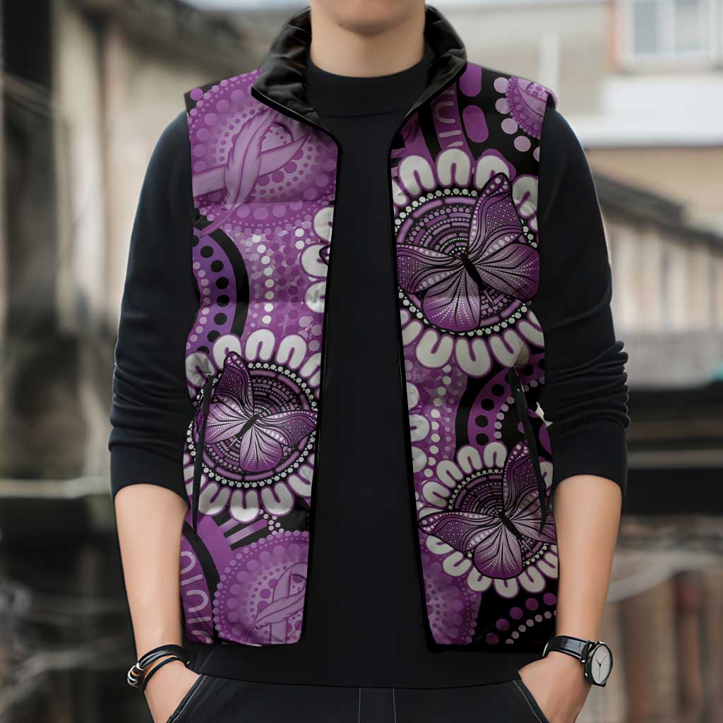 Australia Indigenous Butterflies Personalised Sleeveless Puffer Jacket Lupus Awareness Purple Ribbon Aboriginal Art