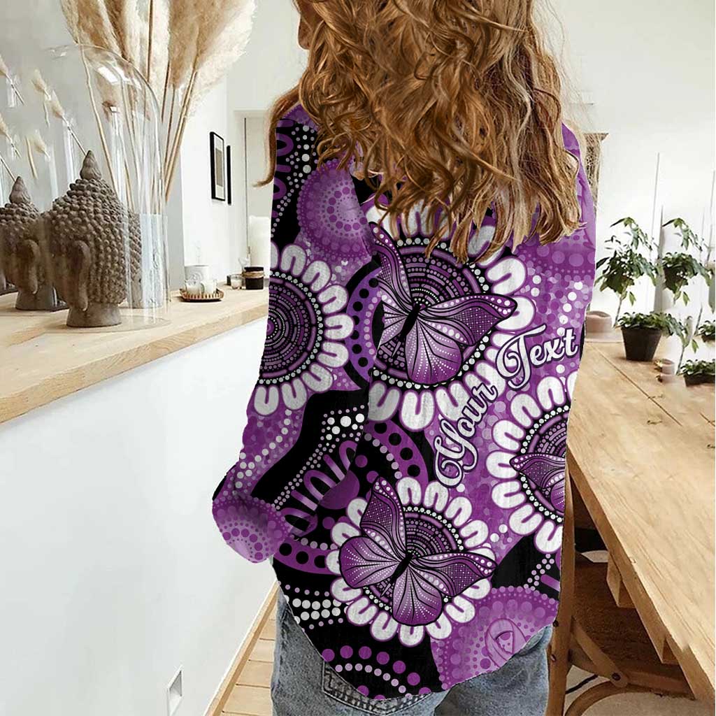 Australia Indigenous Butterflies Personalised Women Casual Shirt Lupus Awareness Purple Ribbon Aboriginal Art