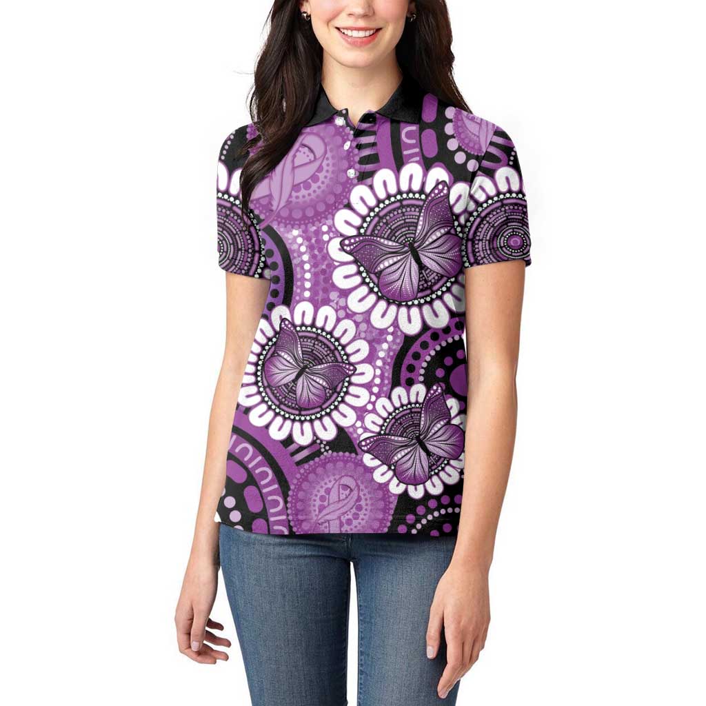 Australia Indigenous Butterflies Personalised Women Polo Shirt Lupus Awareness Purple Ribbon Aboriginal Art
