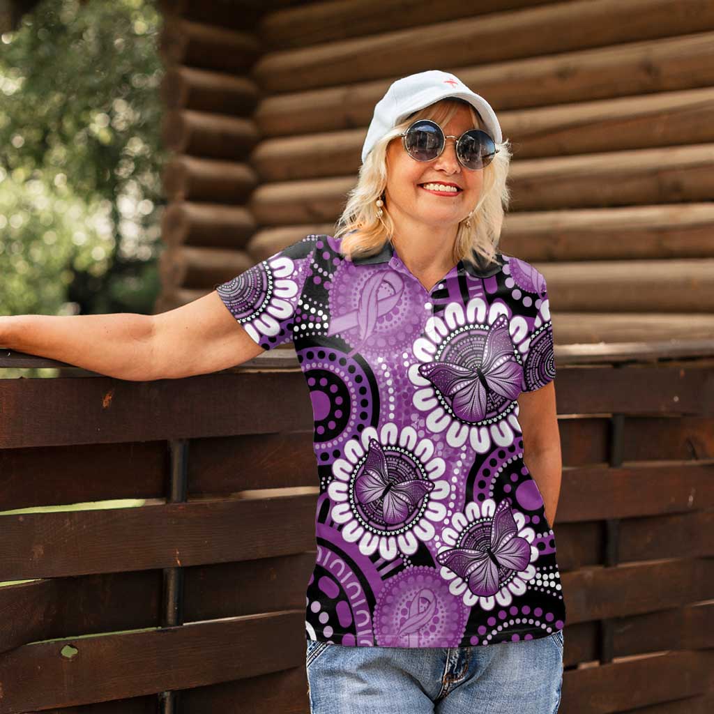 Australia Indigenous Butterflies Personalised Women Polo Shirt Lupus Awareness Purple Ribbon Aboriginal Art