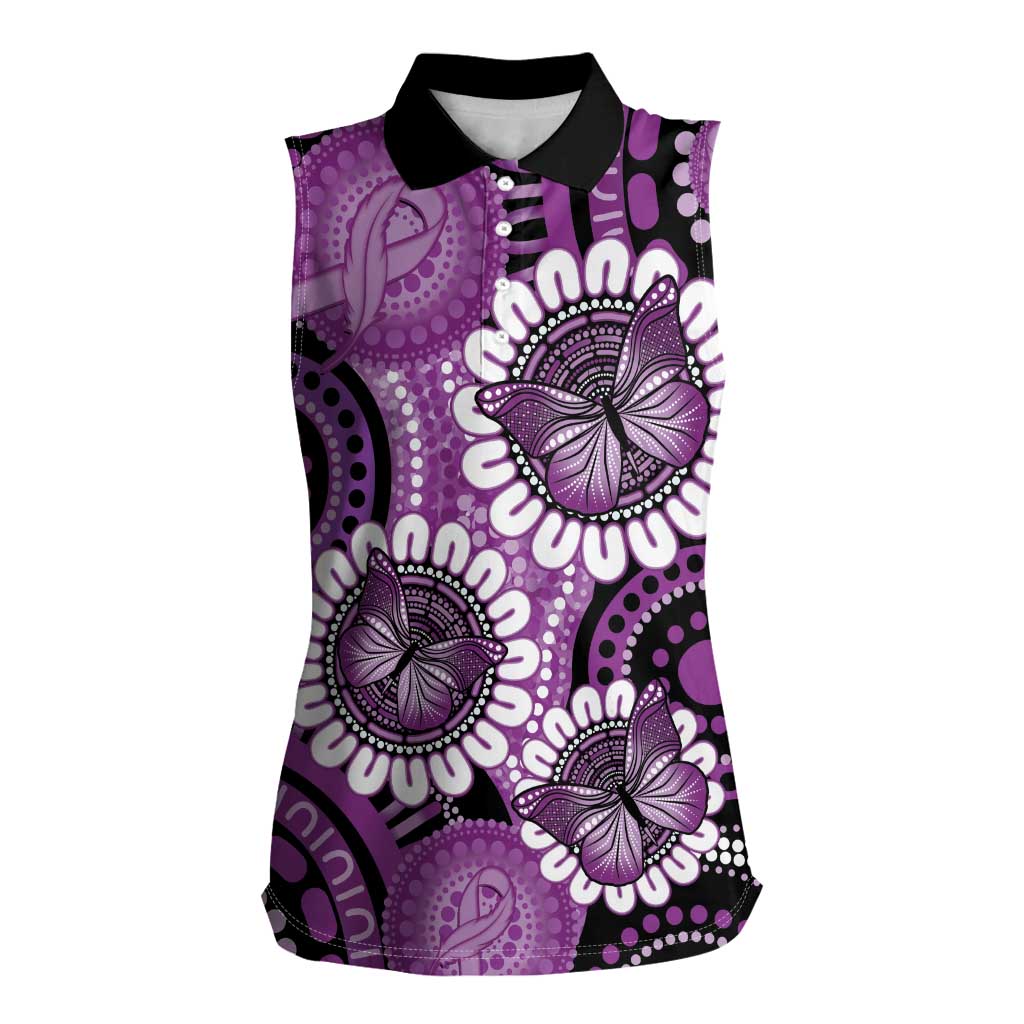 Australia Indigenous Butterflies Personalised Women Sleeveless Polo Shirt Lupus Awareness Purple Ribbon Aboriginal Art