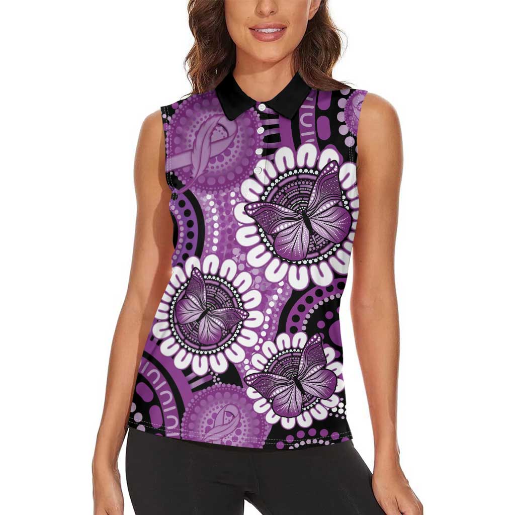 Australia Indigenous Butterflies Personalised Women Sleeveless Polo Shirt Lupus Awareness Purple Ribbon Aboriginal Art
