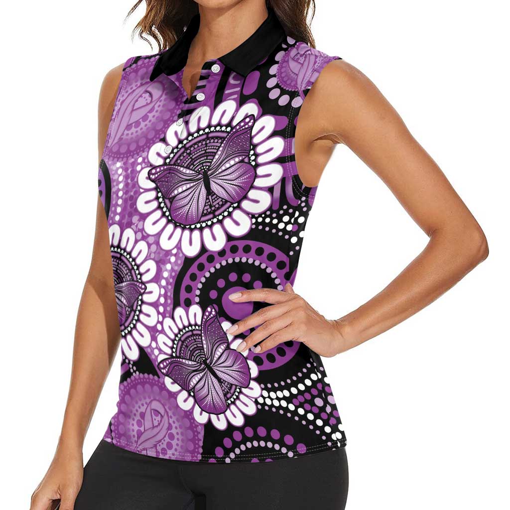 Australia Indigenous Butterflies Personalised Women Sleeveless Polo Shirt Lupus Awareness Purple Ribbon Aboriginal Art