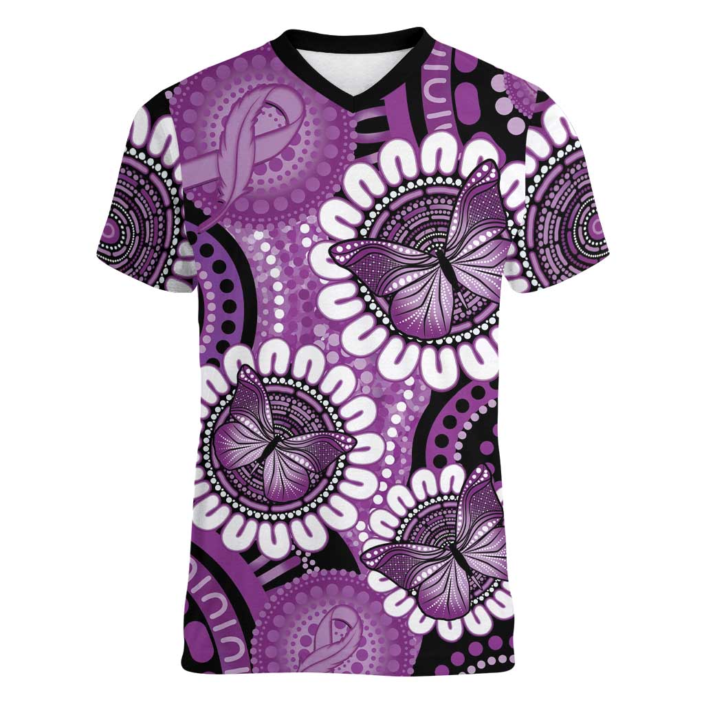 Australia Indigenous Butterflies Personalised Women V-Neck T-Shirt Lupus Awareness Purple Ribbon Aboriginal Art